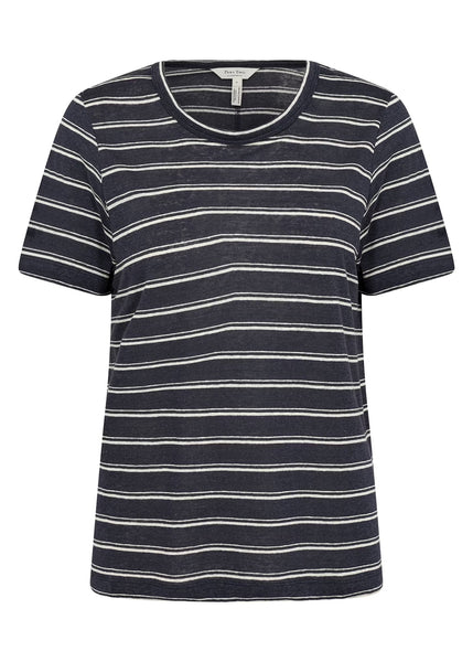 Part Two Nacima Linen/Viscose Print Short Sleeve V-Neck Tee in Midnight Stripe