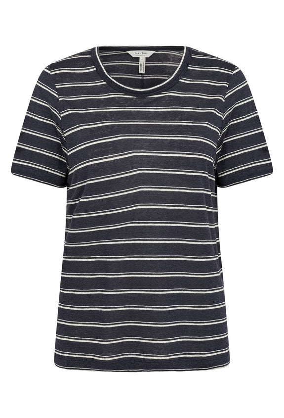 Part Two Nacima Linen/Viscose Print Short Sleeve V-Neck Tee in Midnight Stripe