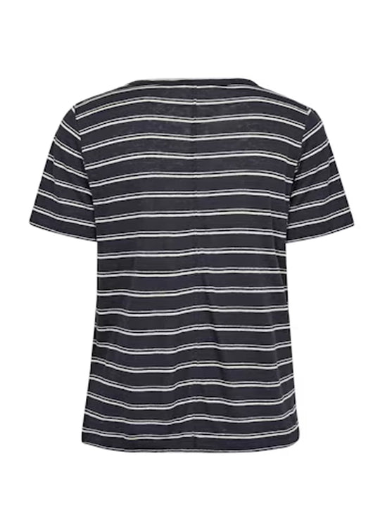 Part Two Nacima Linen/Viscose Print Short Sleeve V-Neck Tee in Midnight Stripe