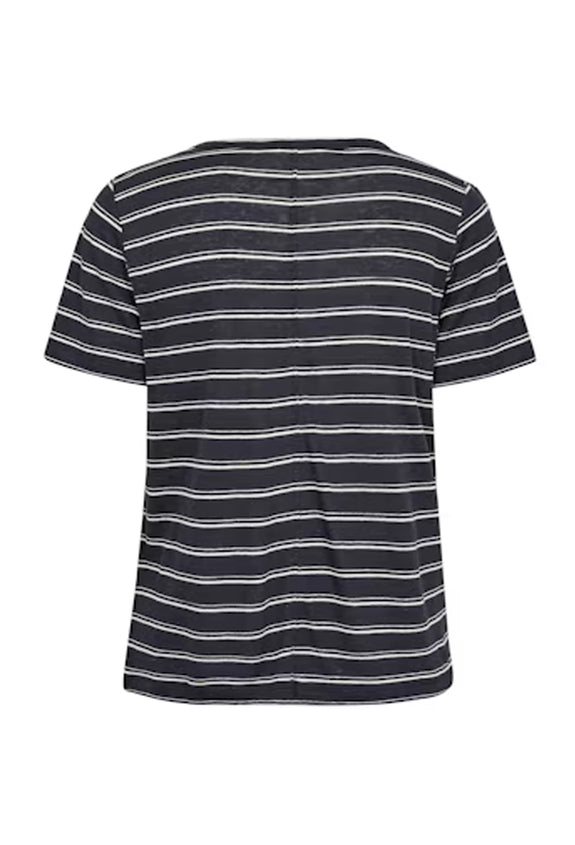 Part Two Nacima Linen/Viscose Print Short Sleeve V-Neck Tee in Midnight Stripe