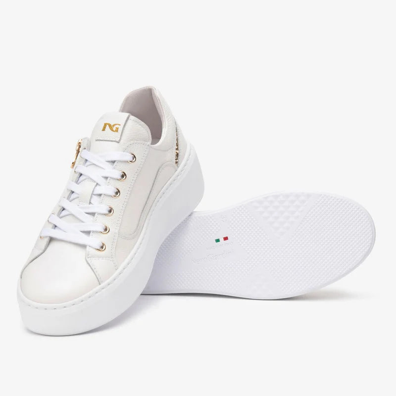 front view and  sole on Nero Giardini Dollarino Bianco Runner With Glitter at Heel in Off-White