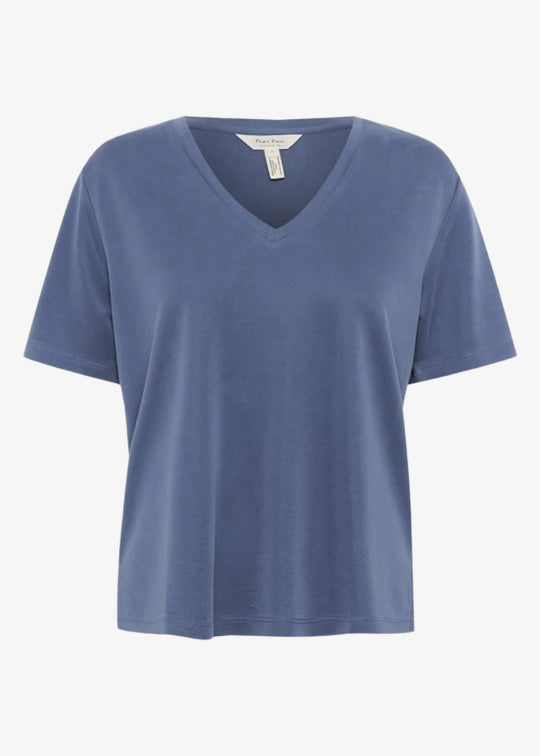 front view of Part Two Ruth Tencel V-Neck Short Sleeve Top in Blue