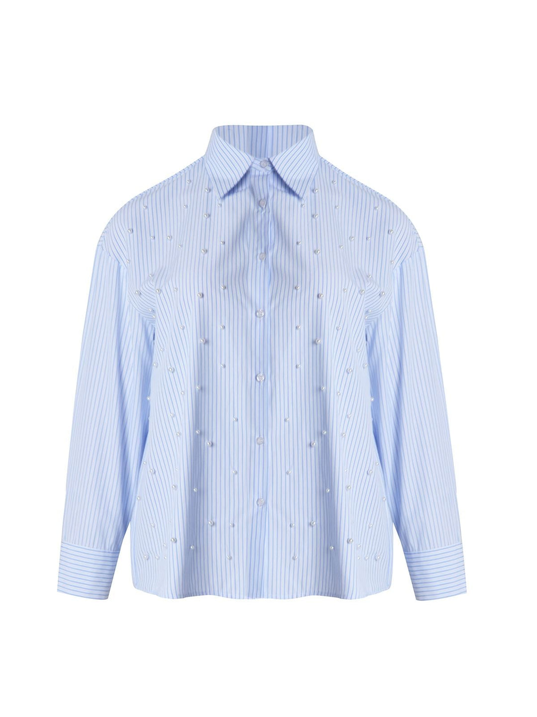 Light blue pinstripe long sleeve button-front shirt with scattered pearl embellishments, front view