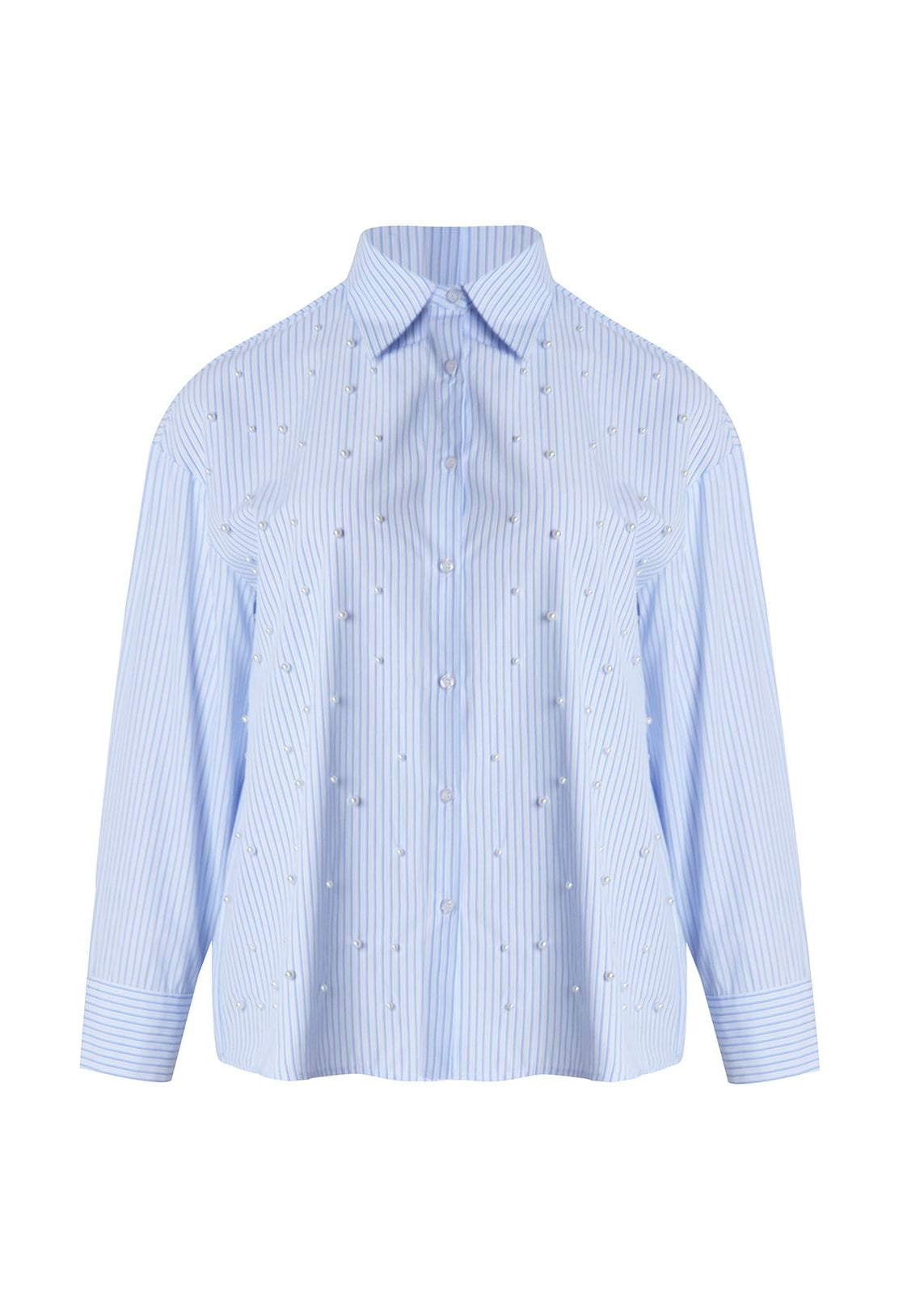 Light blue striped long-sleeve button front shirt with all-over faux pearl details