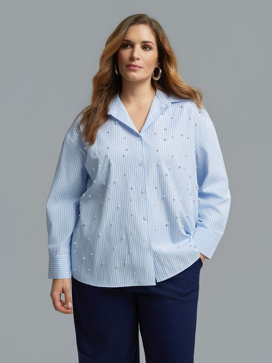 Light blue pinstripe button-front shirt with scattered pearl embellishments, long sleeves, front view on model