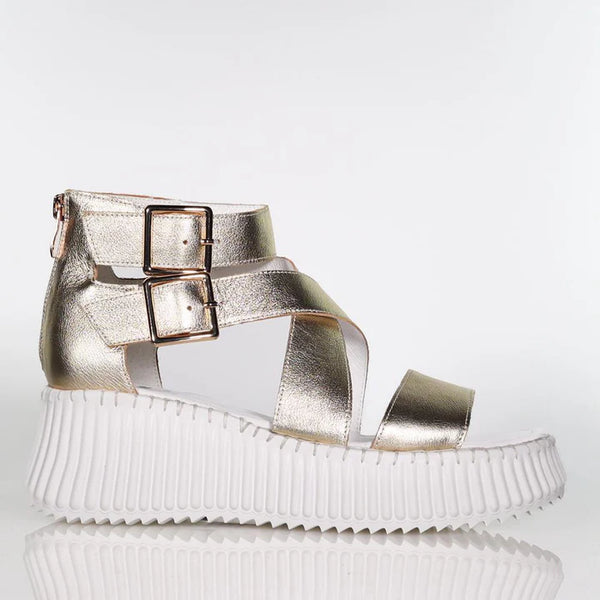 side view of Minx Plaza Platform with Ankle Strap in Soft Gold