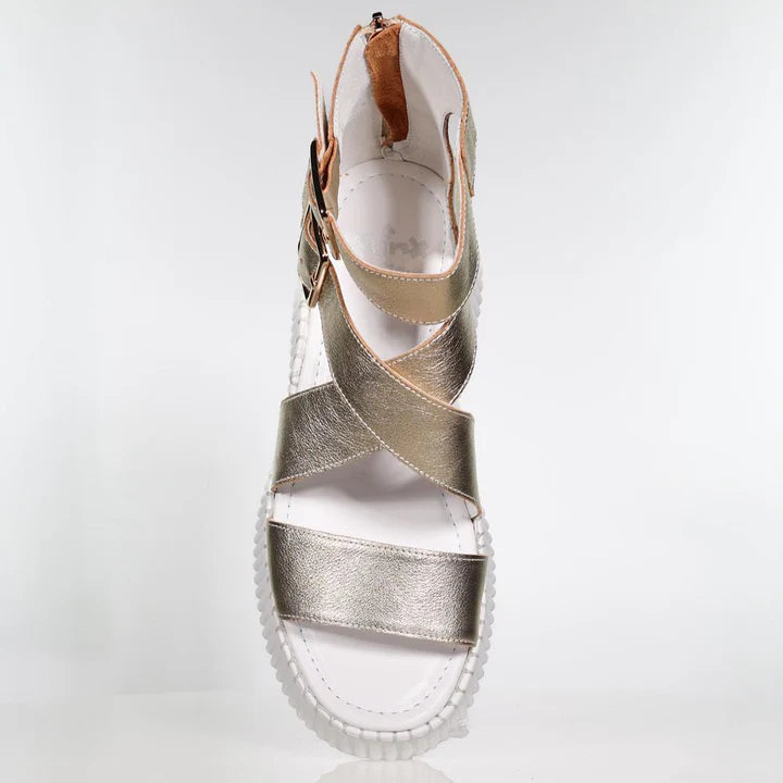 top view of Minx Plaza Platform with Ankle Strap in Soft Gold