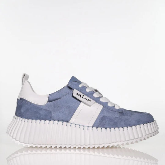 side view of Minx Racer Denim Satin Suede Lace up in Denim