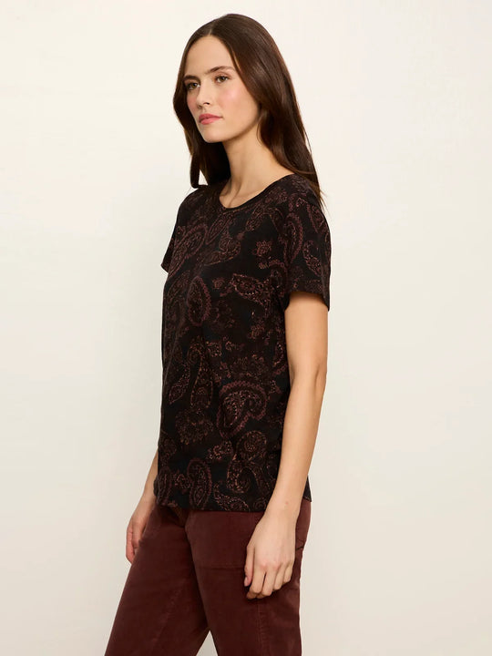Women's short-sleeve paisley tee with crew neck, shown in side profile