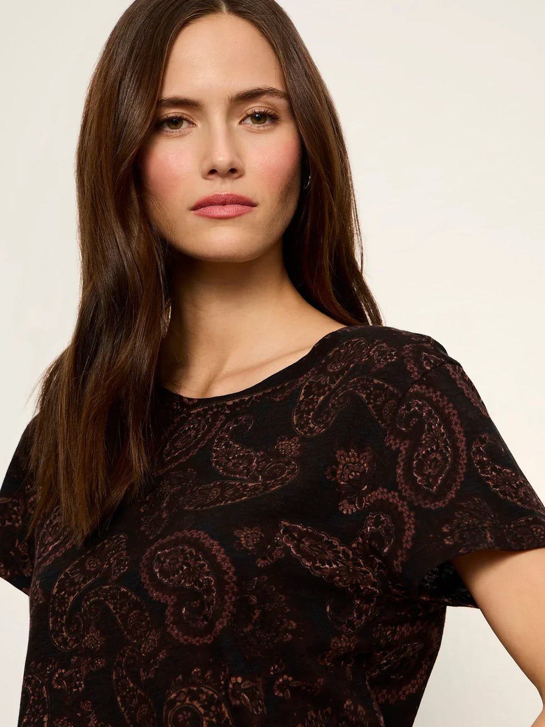 Women's paisley-print short-sleeve tee with crew neck, close-up view