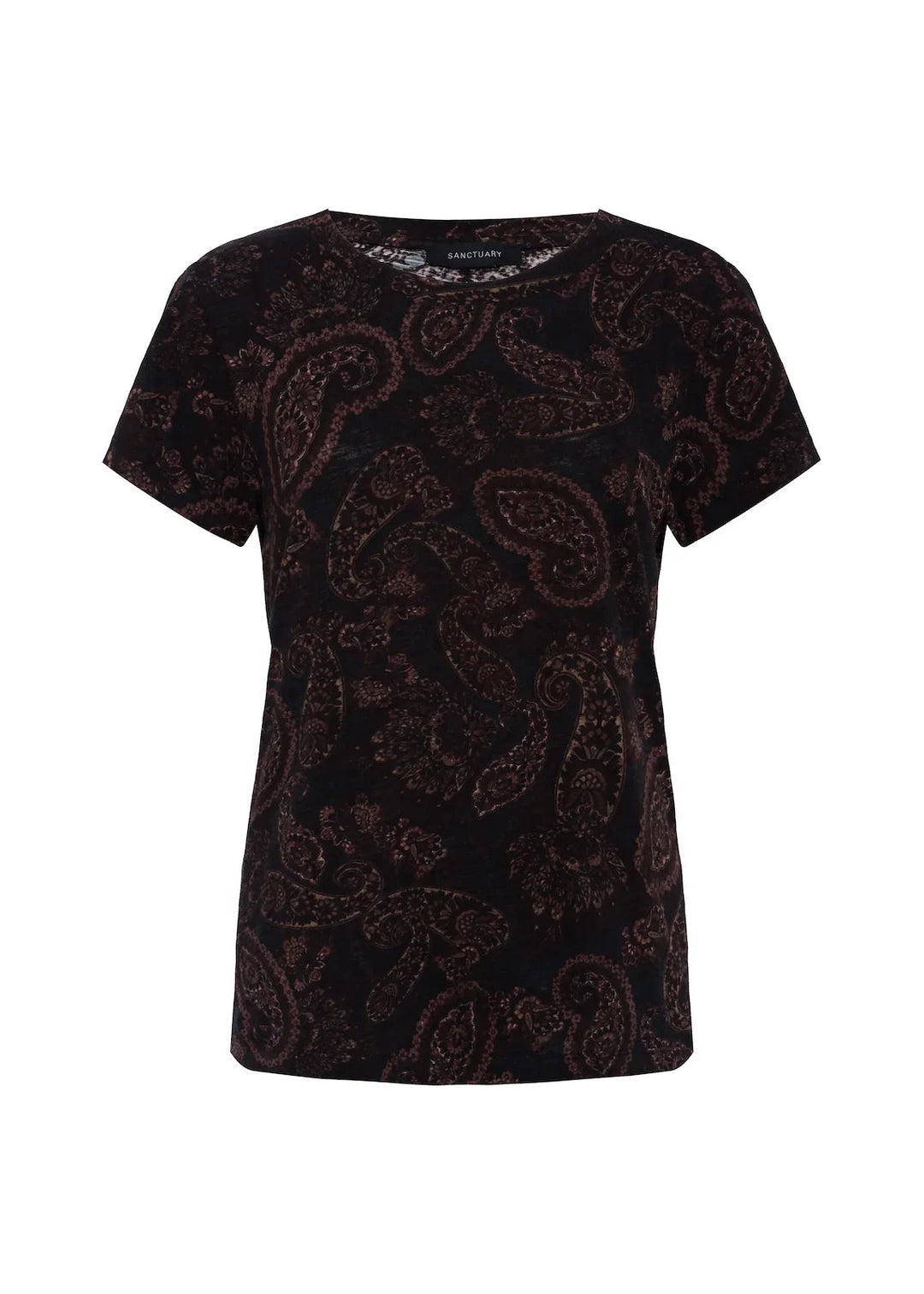 Women's short-sleeve crewneck tee, allover cocoa-brown paisley print
