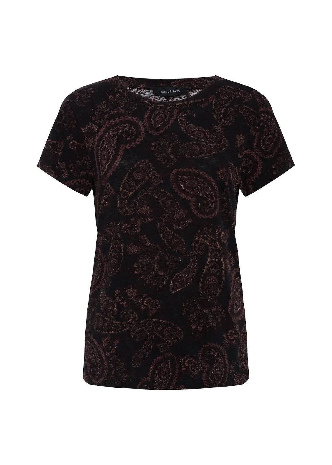 Women's short-sleeve crewneck tee, allover cocoa-brown paisley print