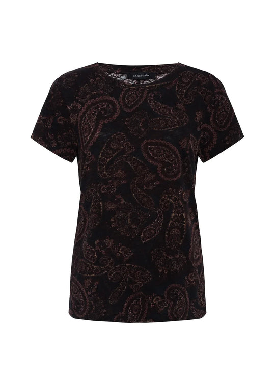 Women's short-sleeve crewneck tee, allover cocoa-brown paisley print