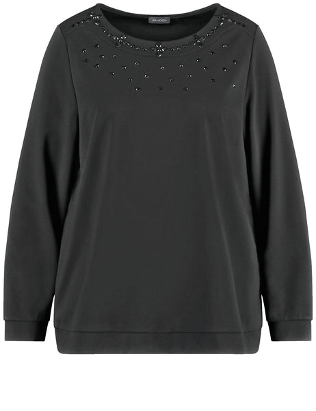 Samoon Long Sleeve Sweatshirt with Beaded Neck in Black