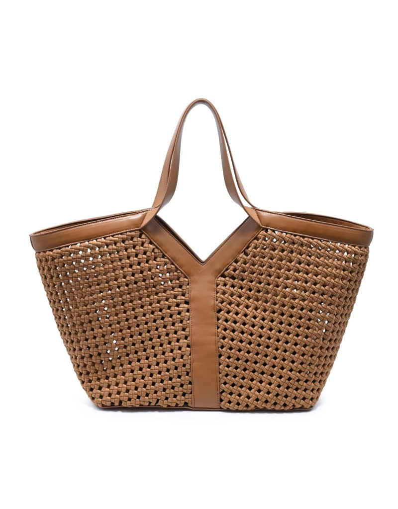 Woven tote bag with basket weave pattern and leather trim, front view