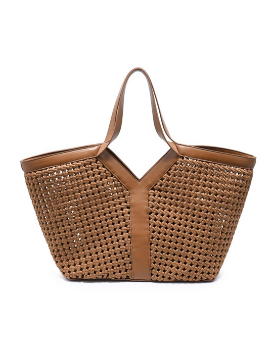Woven tote bag with basket weave pattern and leather trim, front view