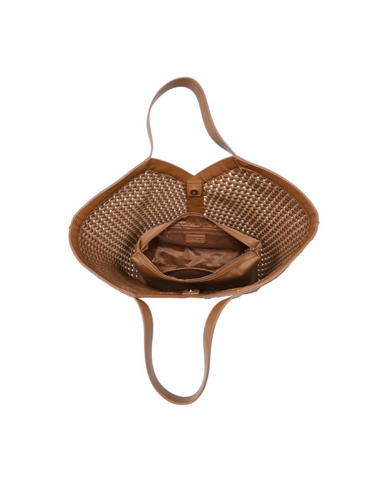 Open tan leather tote bag with perforated sides and interior pocket visible