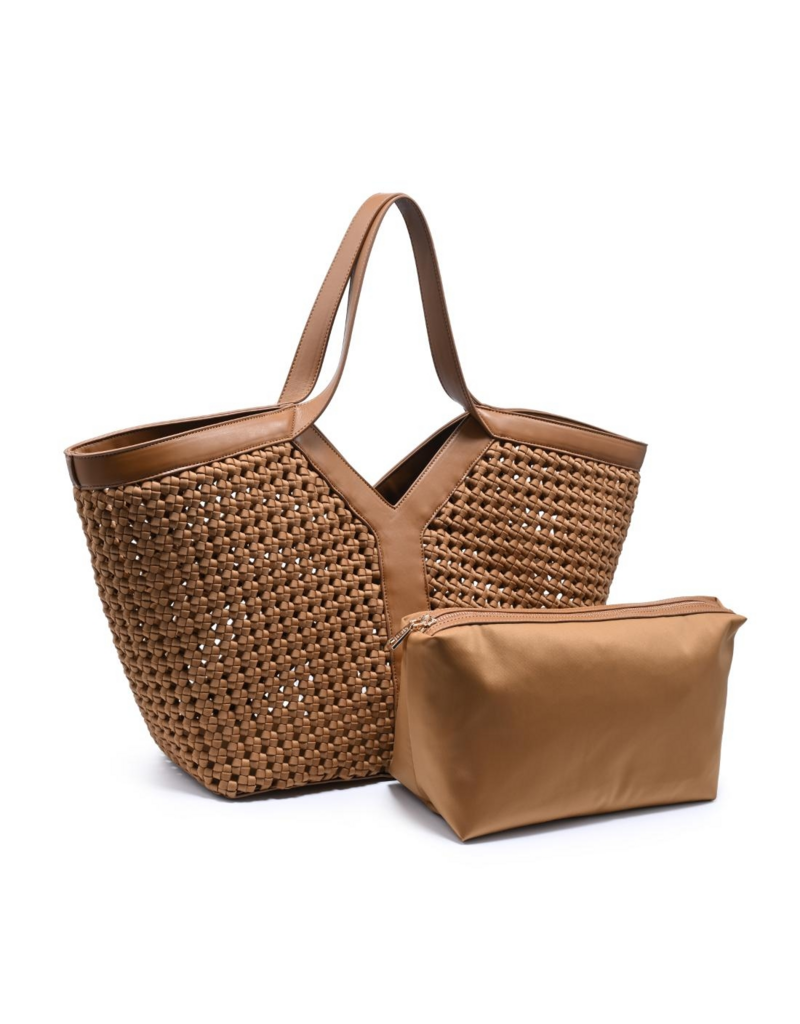 Woven tote bag with leather trim and matching pouch, displayed against white background
