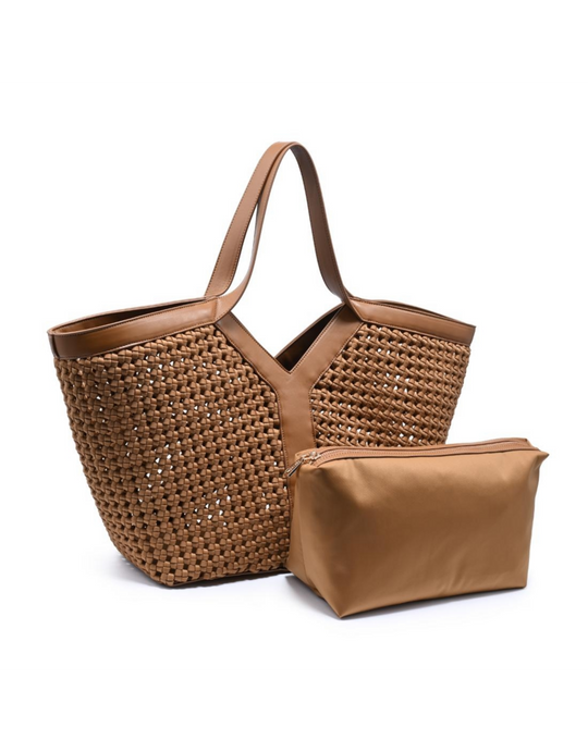 Woven tote bag with leather trim and matching pouch, displayed against white background