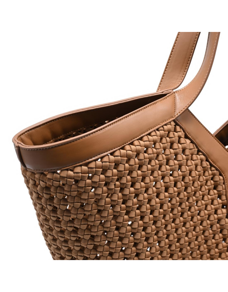 Tan leather woven tote bag with braided pattern and dual handles, close-up view