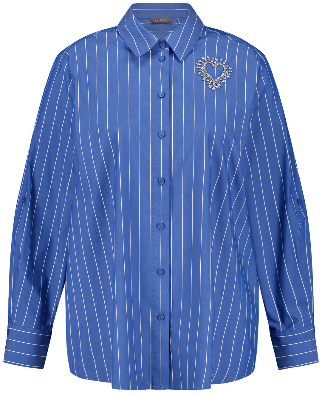 front view of plus size Samoon Stretch Cotton Striped Shirt with Heart Motif in Skydiver Blue
