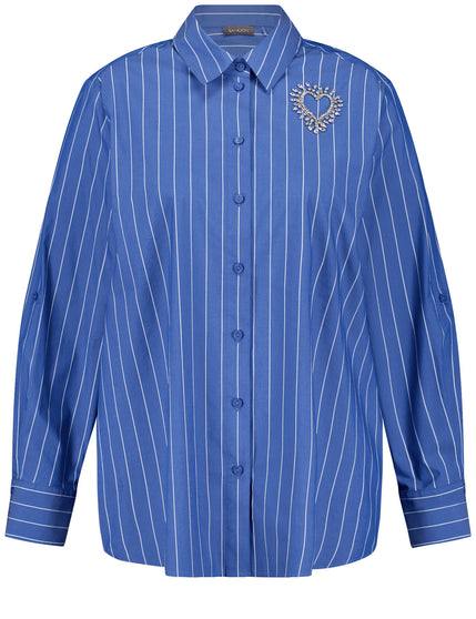 front view of plus size Samoon Stretch Cotton Striped Shirt with Heart Motif in Skydiver Blue