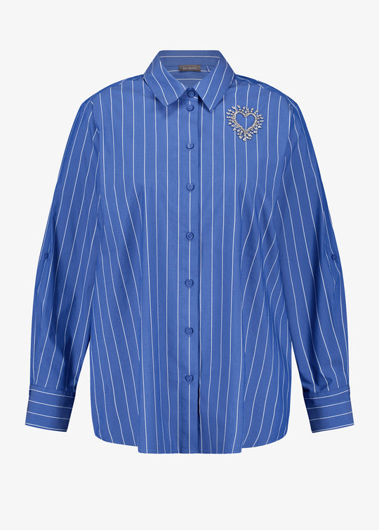 Samoon Stretch Cotton Striped Shirt with Heart Motif in Skydiver Blue
