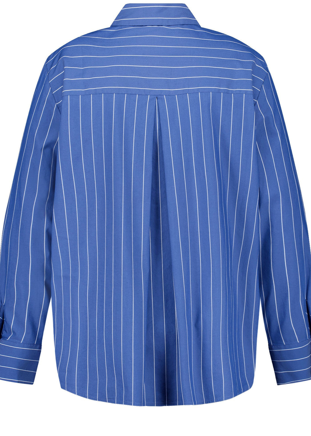 back view of plus size Samoon Stretch Cotton Striped Shirt with Heart Motif in Skydiver Blue