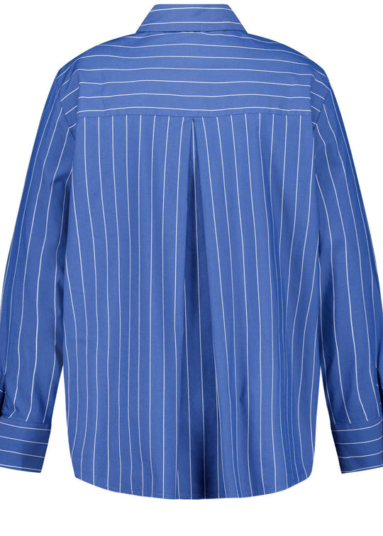 back view of plus size Samoon Stretch Cotton Striped Shirt with Heart Motif in Skydiver Blue