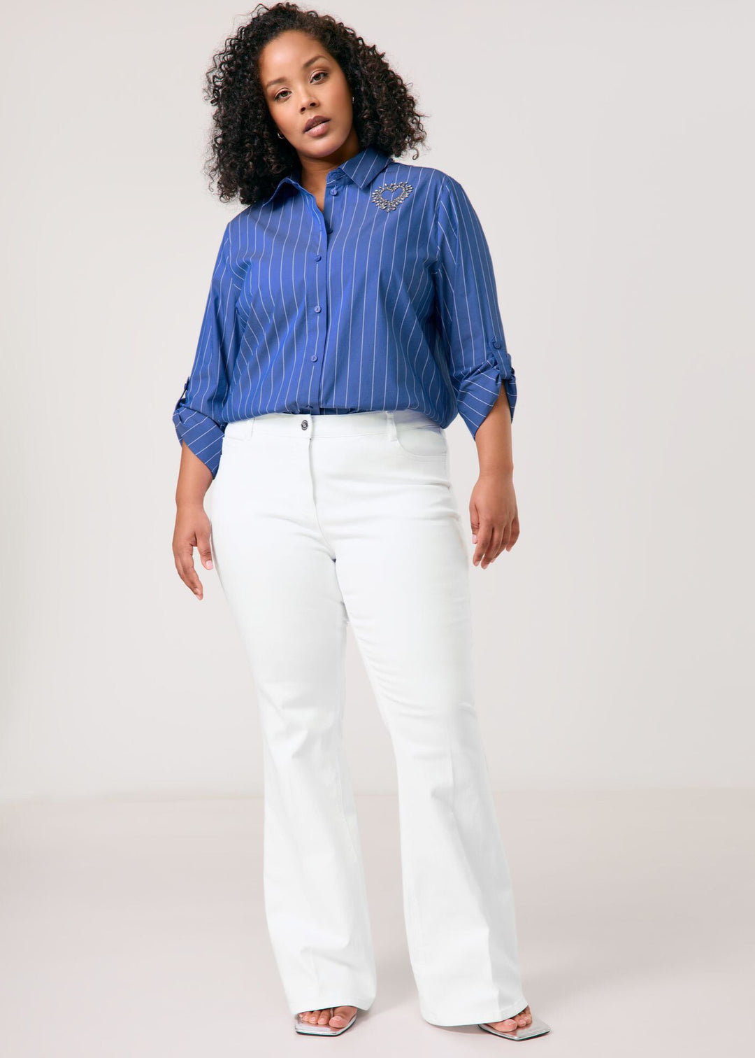 front view of plus size Samoon Stretch Cotton Striped Shirt with Heart Motif in Skydiver Blue