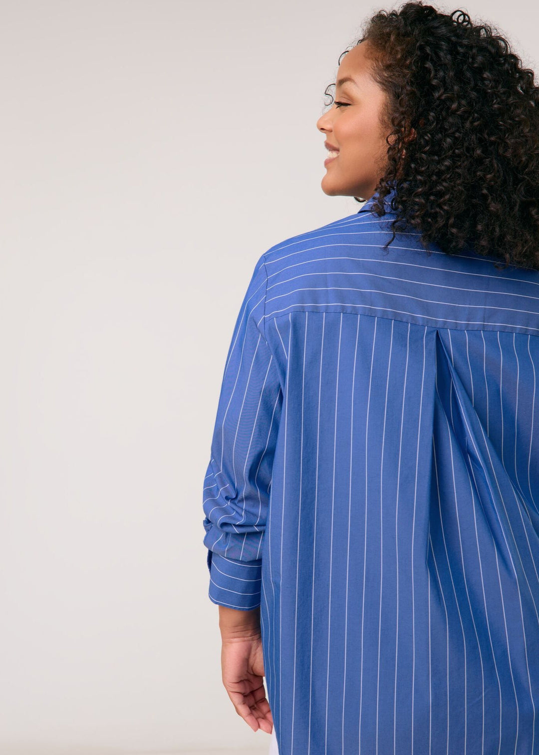 back view of plus size Samoon Stretch Cotton Striped Shirt with Heart Motif in Skydiver Blue