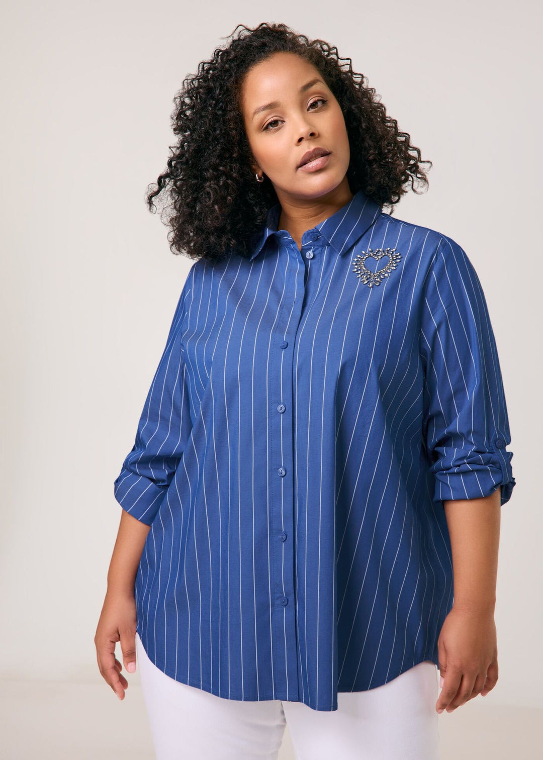 front view of plus size Samoon Stretch Cotton Striped Shirt with Heart Motif in Skydiver Blue