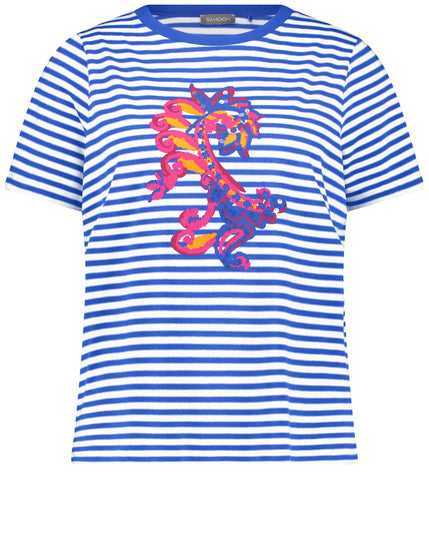 front view of Samoon plus size cotton blend Striped Short Sleeve Tee with Print Front in Skydiver Blue Stripe