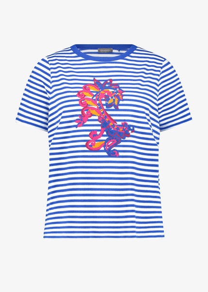 Samoon Striped Short Sleeve Tee with Print Front in Skydiver Blue Stripe