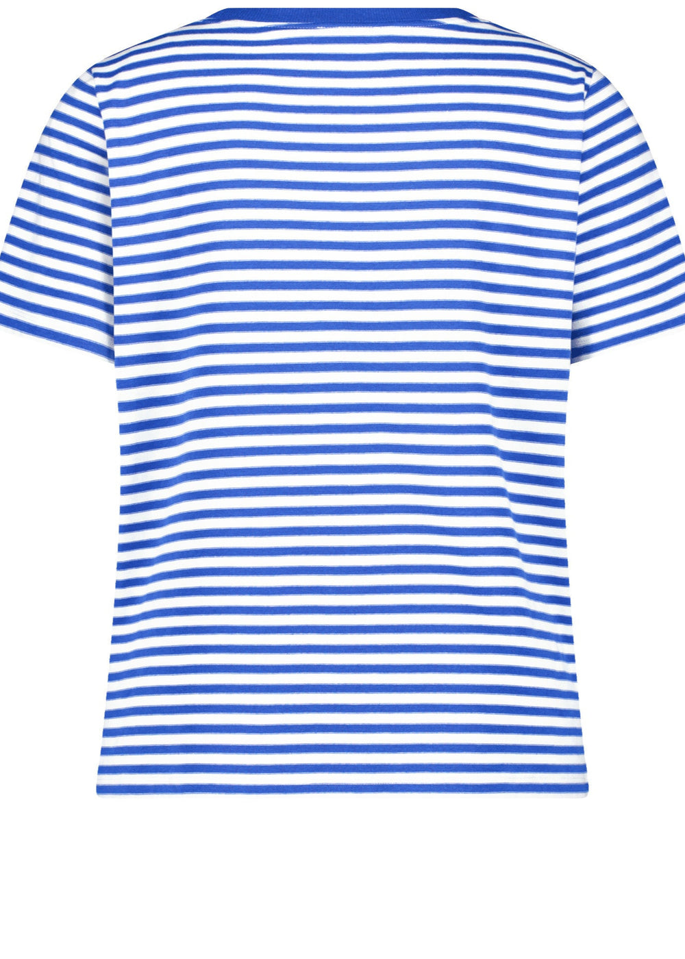 back view of Samoon plus size cotton blend Striped Short Sleeve Tee with Print Front in Skydiver Blue Stripe