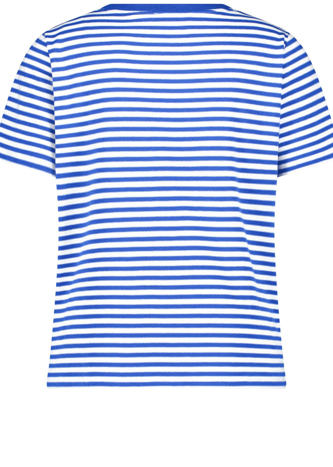 back view of Samoon plus size cotton blend Striped Short Sleeve Tee with Print Front in Skydiver Blue Stripe