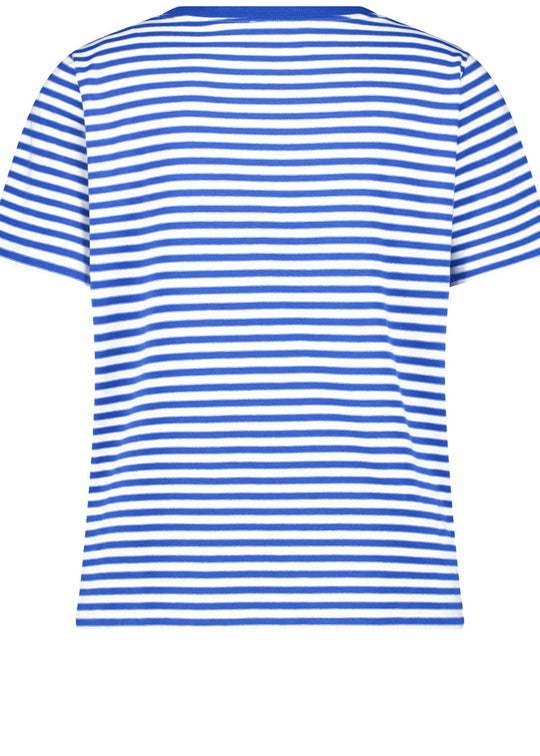 back view of Samoon plus size cotton blend Striped Short Sleeve Tee with Print Front in Skydiver Blue Stripe