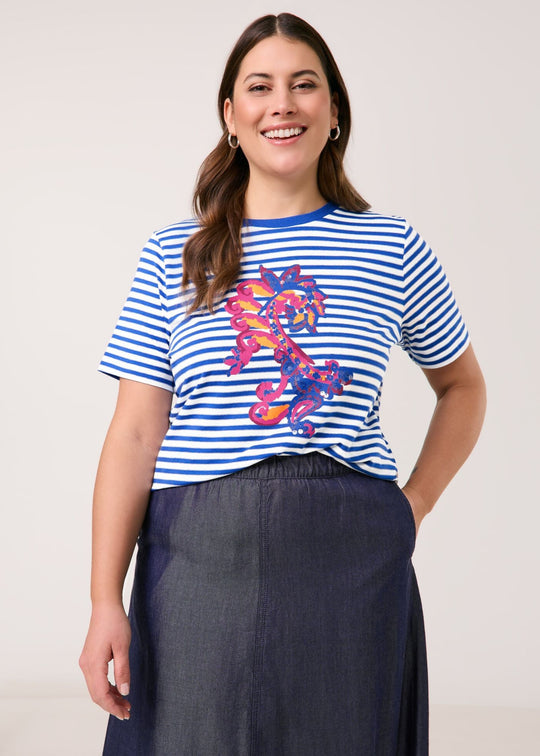 front view on model of Samoon plus size cotton blend Striped Short Sleeve Tee with Print Front in Skydiver Blue Stripe