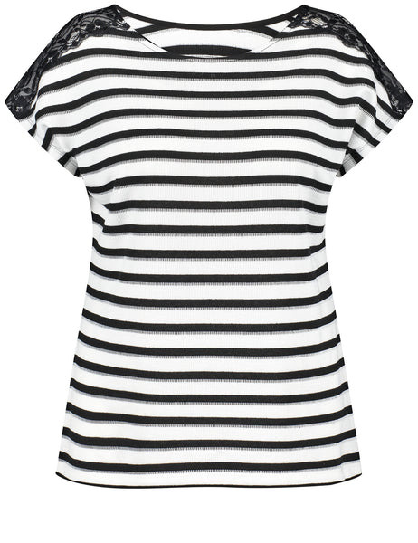 Samoon Stripe Tee with Lace Trim in White & Black