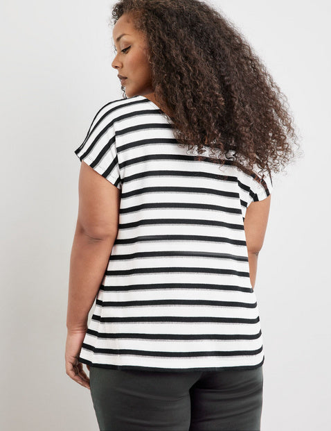 Samoon Stripe Tee with Lace Trim in White & Black