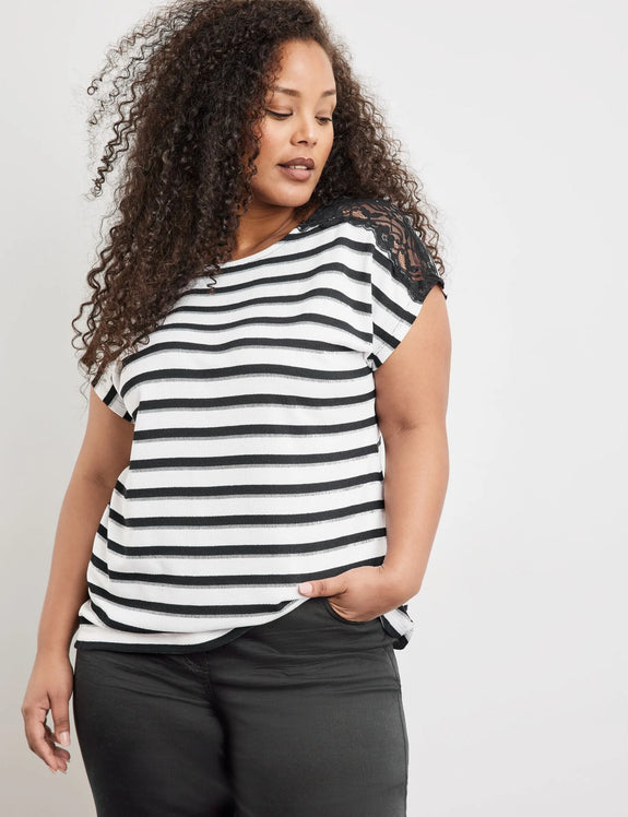 Samoon Stripe Tee with Lace Trim in White & Black