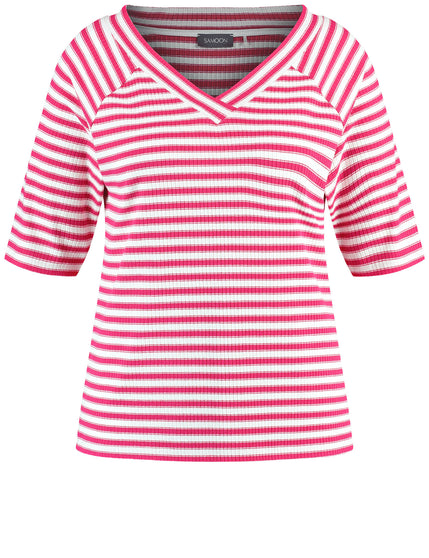 front view of plus size Samoon Striped viscose jersey V-neck Elbow Sleeve Tee in Barberry Red