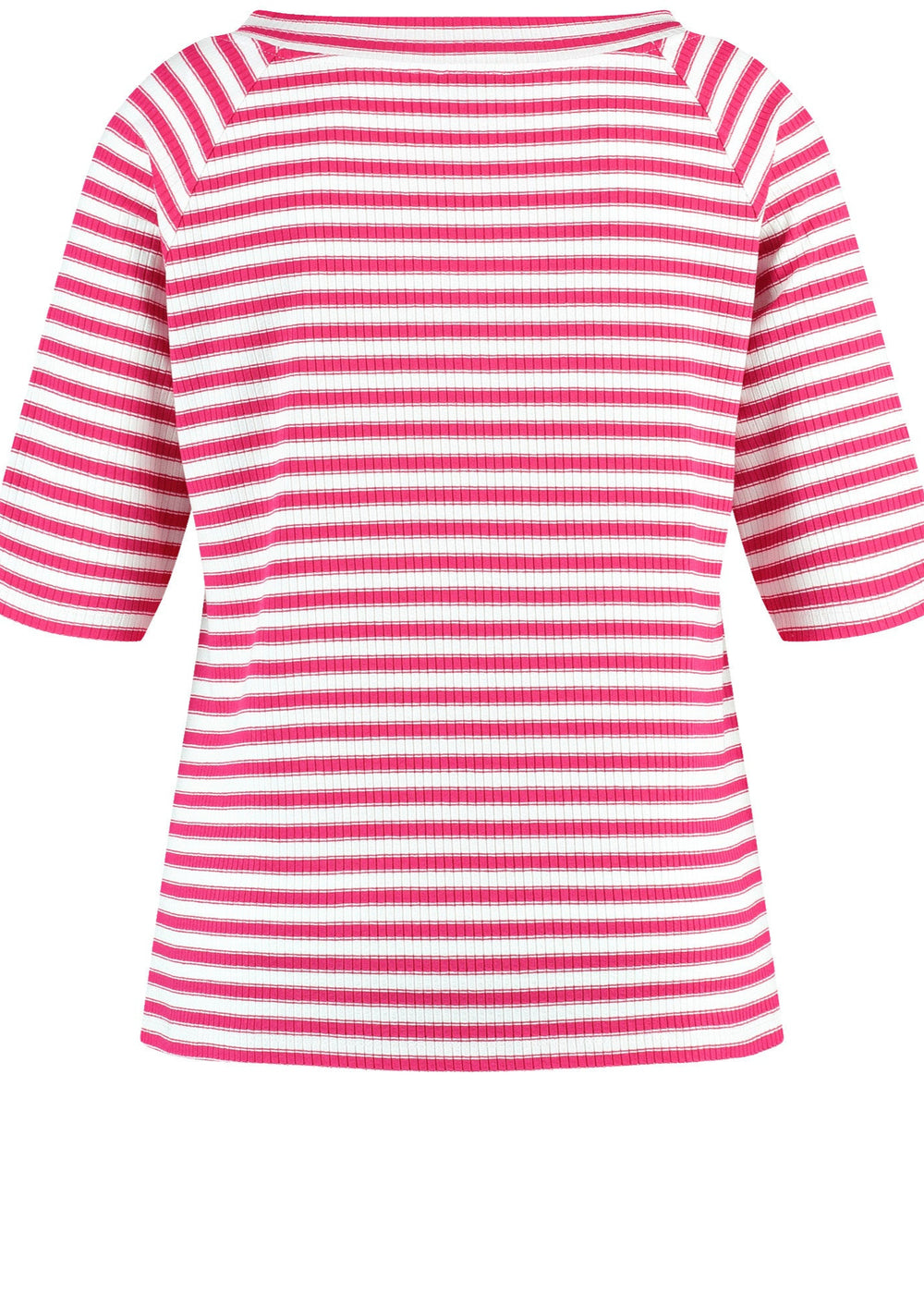 back view of plus size Samoon Striped viscose jersey V-neck Elbow Sleeve Tee in Barberry Red