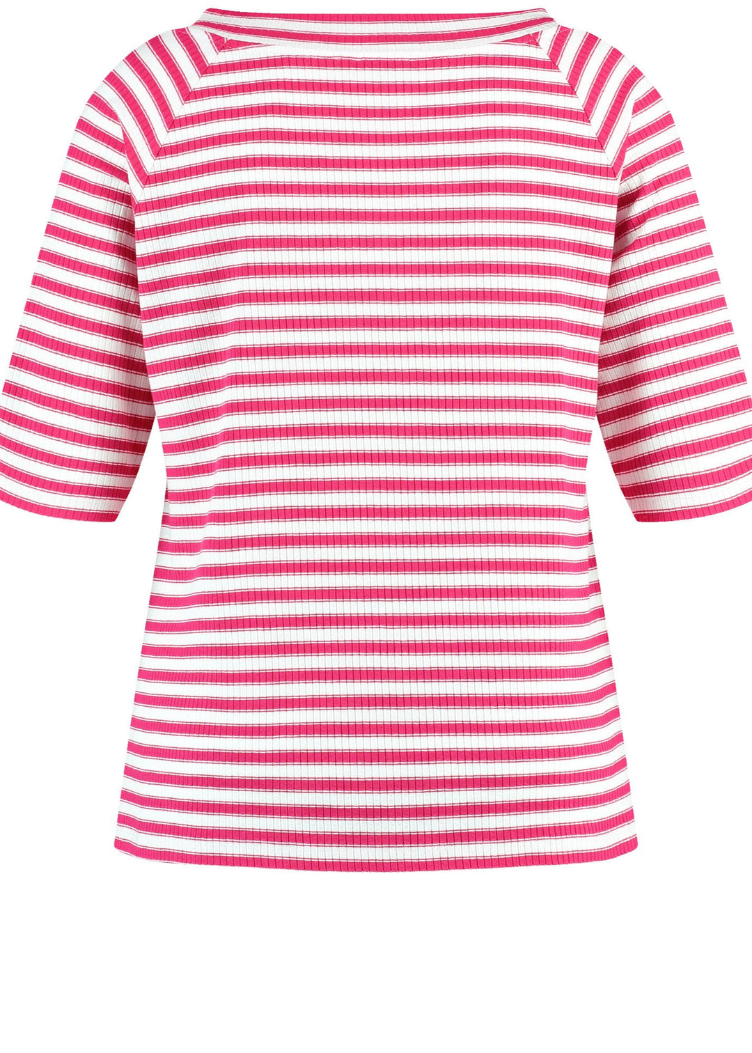 back view of plus size Samoon Striped viscose jersey V-neck Elbow Sleeve Tee in Barberry Red