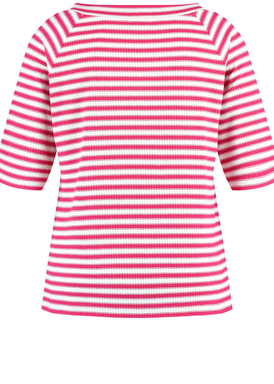 back view of plus size Samoon Striped viscose jersey V-neck Elbow Sleeve Tee in Barberry Red