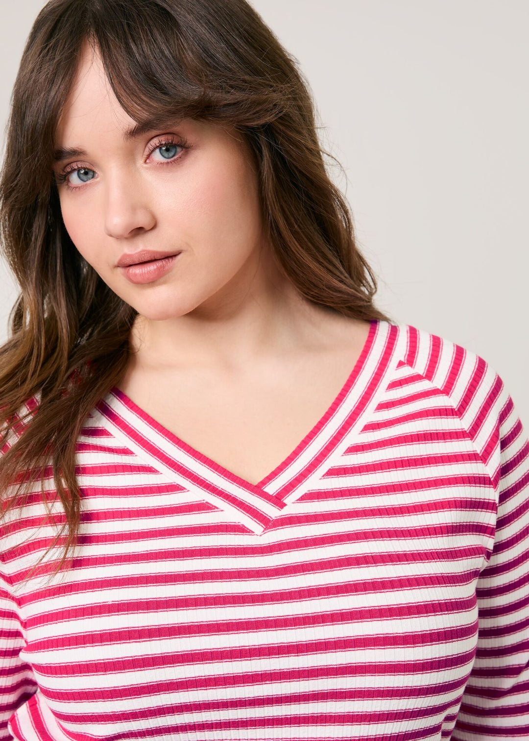 close up front view of plus size Samoon Striped viscose jersey V-neck Elbow Sleeve Tee in Barberry Red