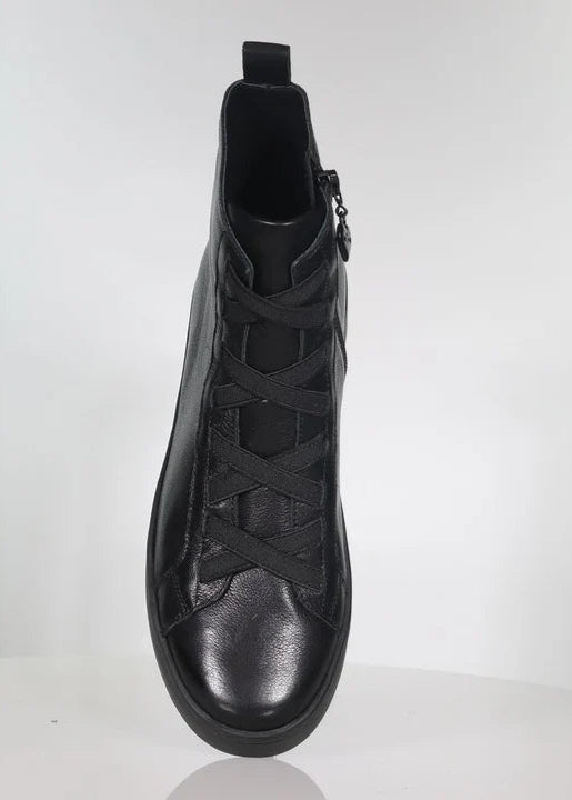 top view of Minx Tatiana Black Runner with Criss Cross Elastic Faux Lace Up and Side Zip in Black