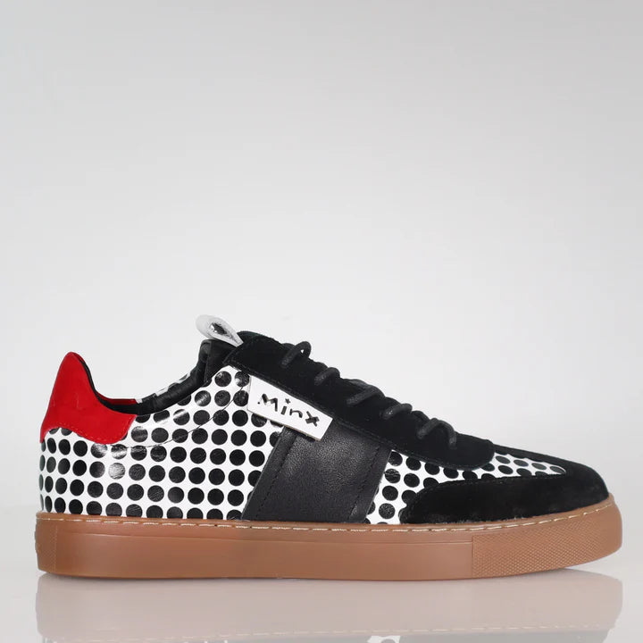 side of Minx Toni Mixi Runner in White Black Spots with red accents