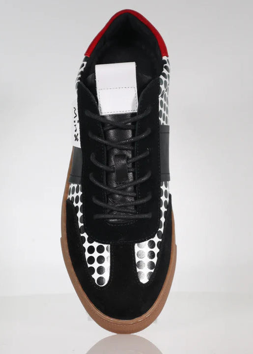 top of Minx Toni Mixi Runner in White Black Spots and Red Accent