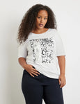 Samoon Print Front T-shirt with Elbow Sleeve in White